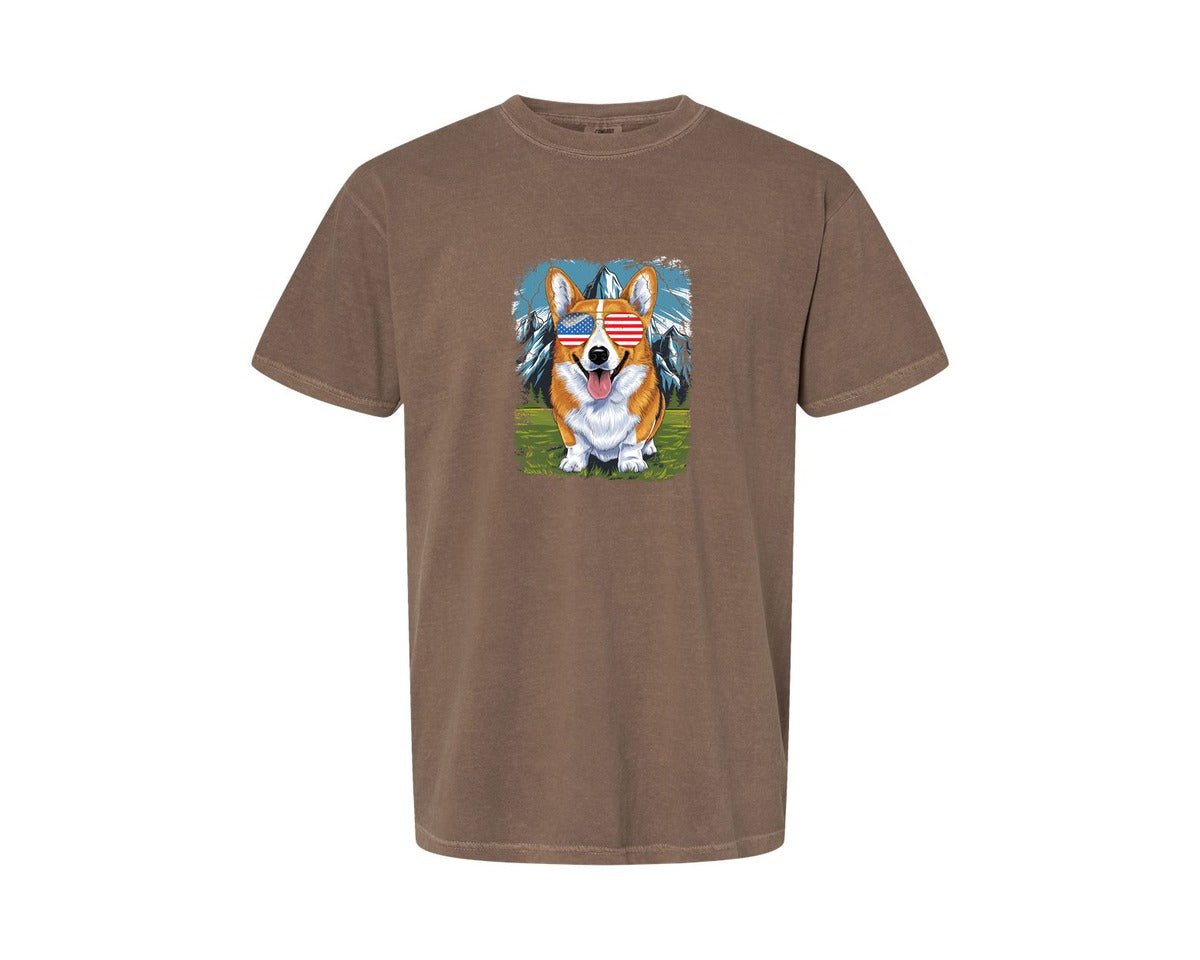 brand:Comfort Colors|color:Espresso|Corgi American Flag 4Th Of July Graphic T-Shirt