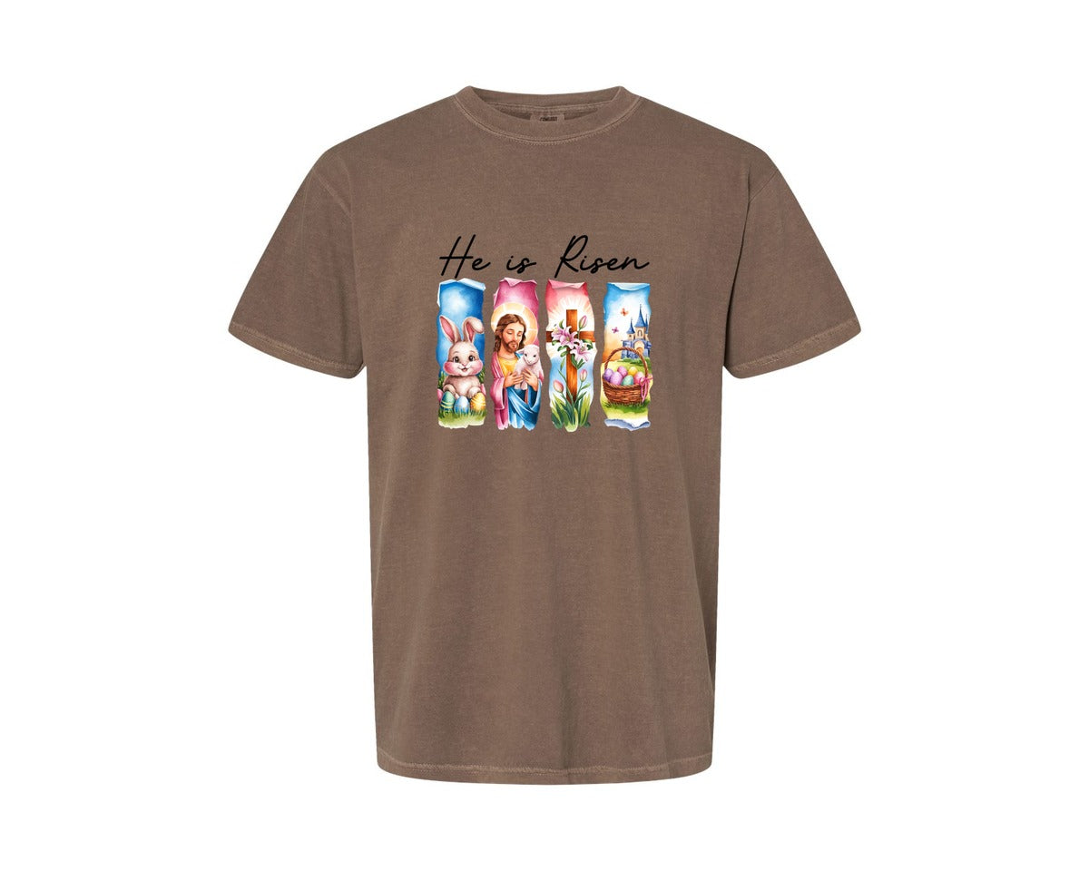 brand:Comfort Colors|color:Espresso|He Is Risen Easter Jesus Christian Graphic T-Shirt