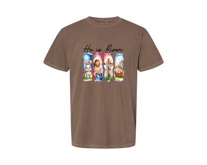 brand:Comfort Colors|color:Espresso|He Is Risen Easter Jesus Christian Graphic T-Shirt