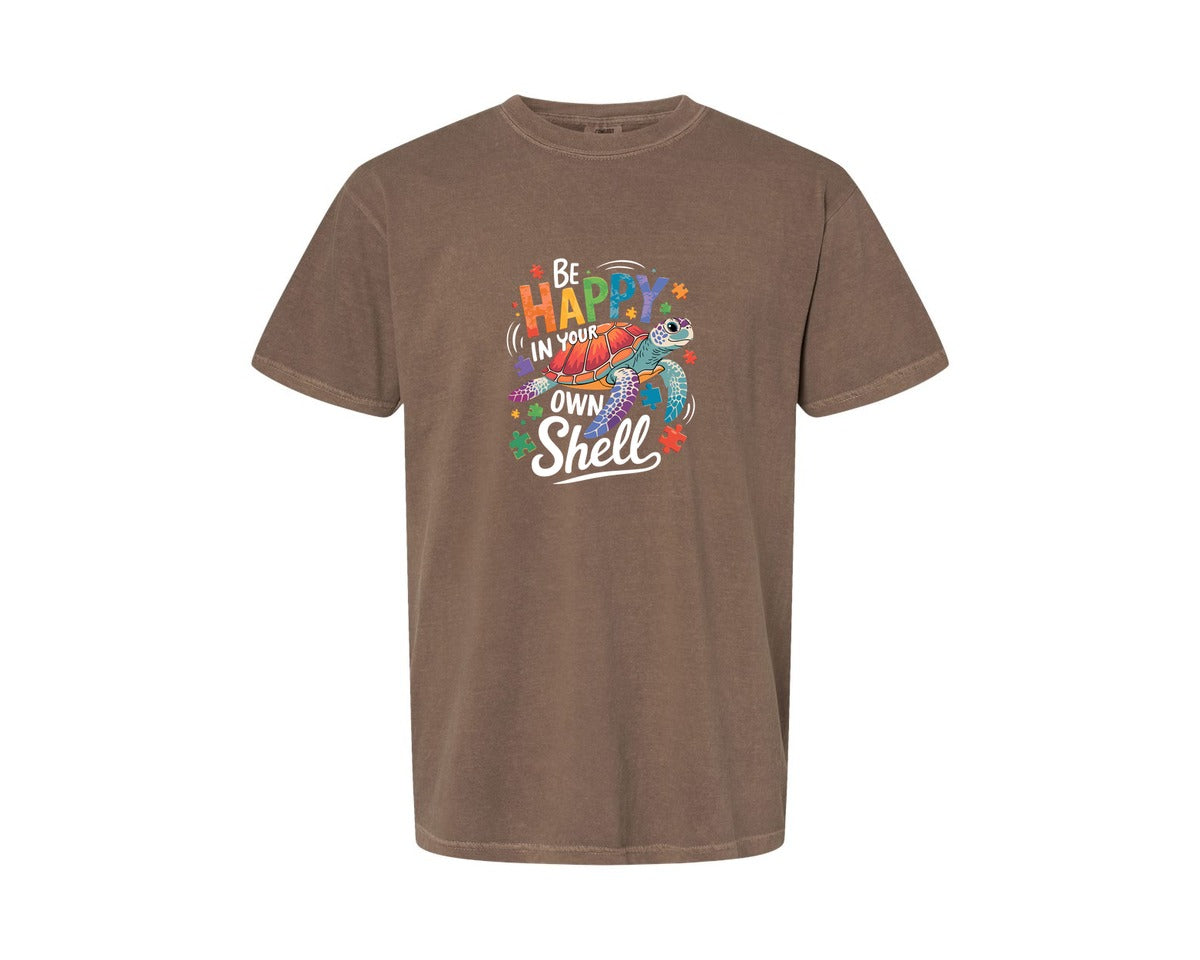 brand:Comfort Colors|color:Espresso|Be Happy In Your Own Shell Autism Avg Graphic T-Shirt