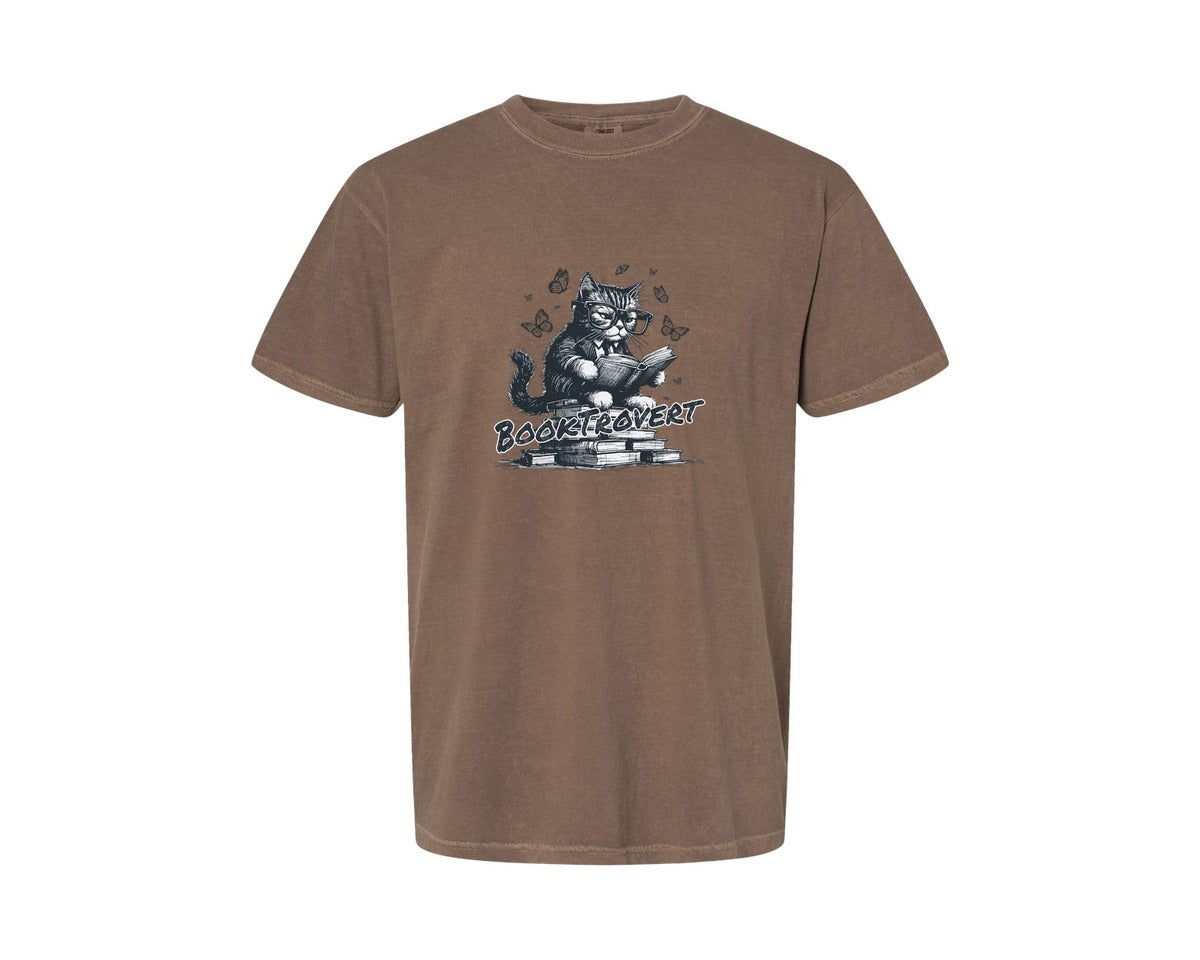 brand:Comfort Colors|color:Espresso|Book Trovert Reading Cat Shirt Graphic T-Shirt