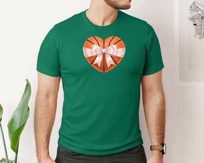 brand:Bella Canvas|color:Evergreen|Heart Shape Basketball Coquette Bow Graphic T-Shirt