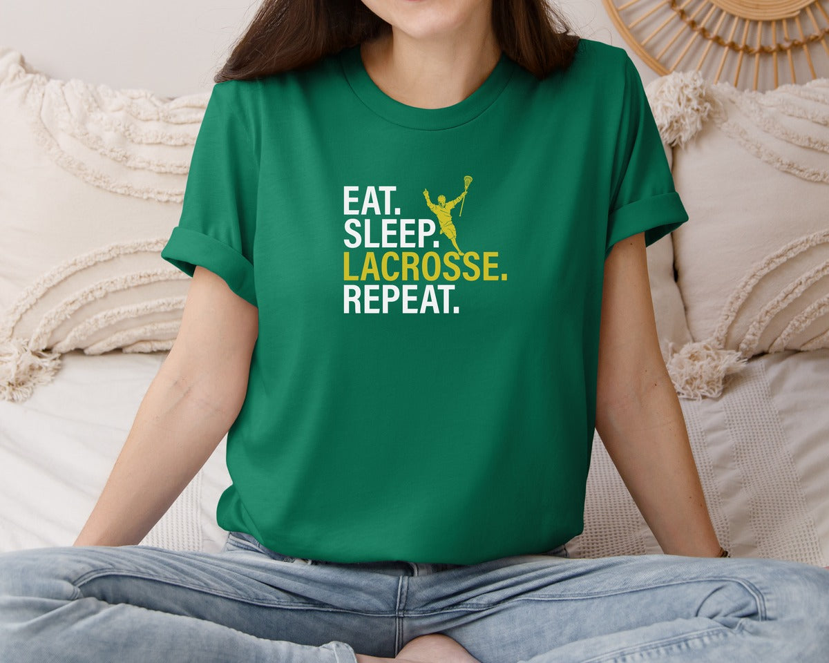 brand:Bella Canvas|color:Evergreen|Eat Sleep Lacrosse Repeat Sports Team Graphic T-Shirt