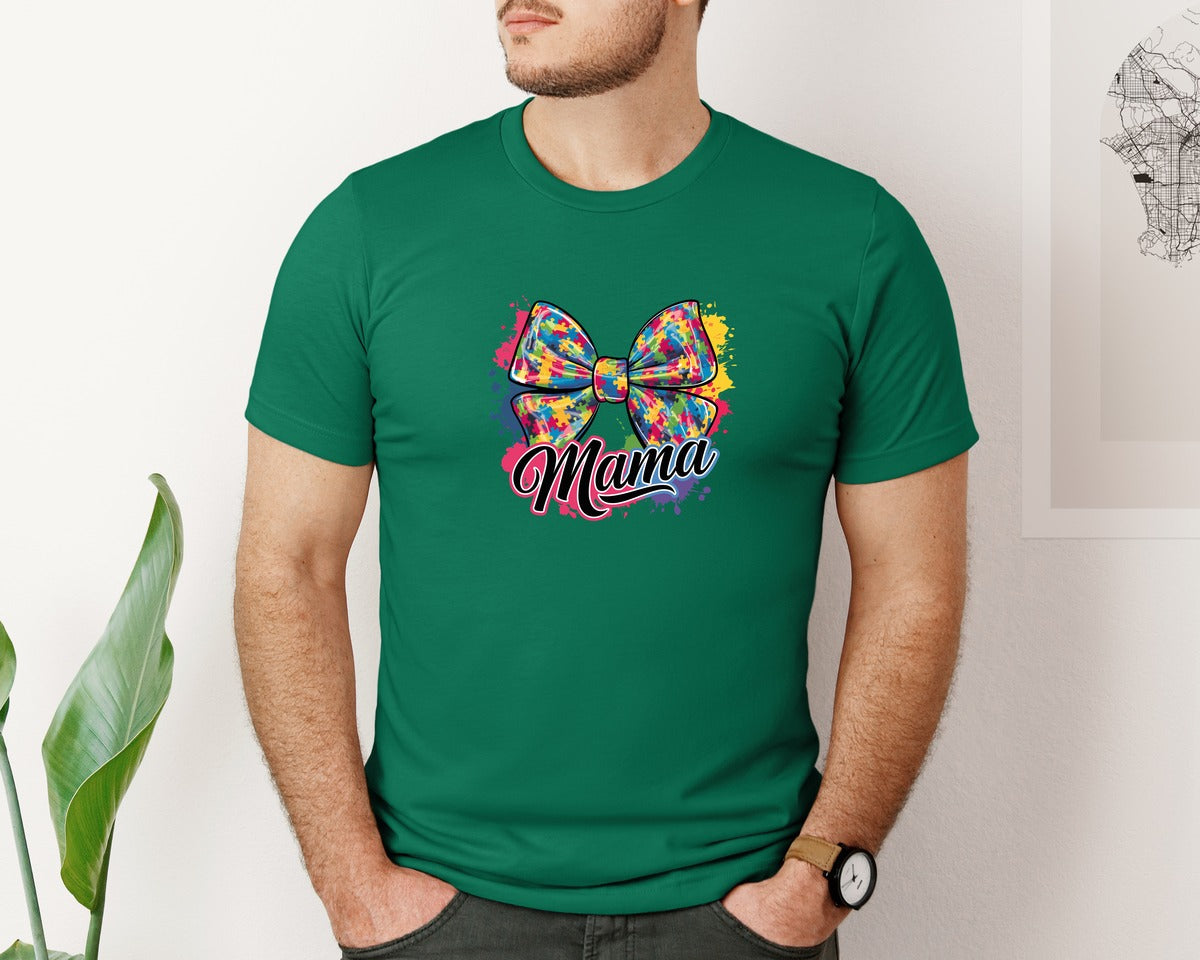 brand:Bella Canvas|color:Evergreen|Autism Mama Colorful Puzzle Bow Art Graphic T-Shirt