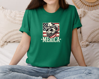 brand:Bella Canvas|color:Evergreen|Merica Cat Patriotic Cowboy Cat Graphic T-Shirt