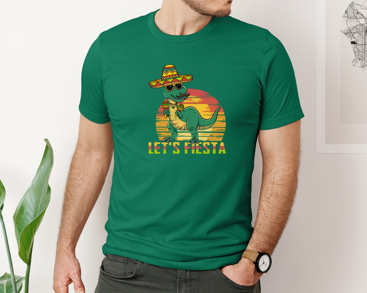 brand:Bella Canvas|color:Evergreen|Lets Fiesta Dinosaur Cinco De Mayo Graphic T-Shirt