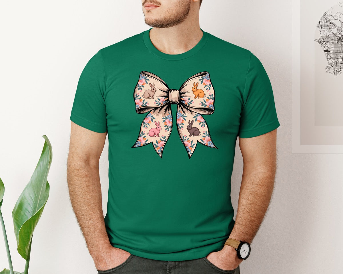 brand:Bella Canvas|color:Evergreen|Floral Bunny Bow Graphic T-Shirt