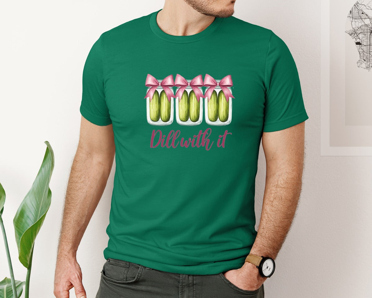 brand:Bella Canvas|color:Evergreen|Coquette Dill With It Funny Pickle Graphic T-Shirt