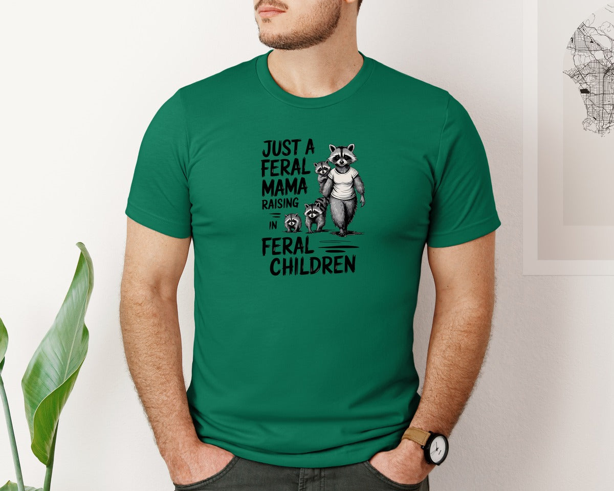brand:Bella Canvas|color:Evergreen|Funny Mothers Day Raccoon Mama Tired Graphic T-Shirt