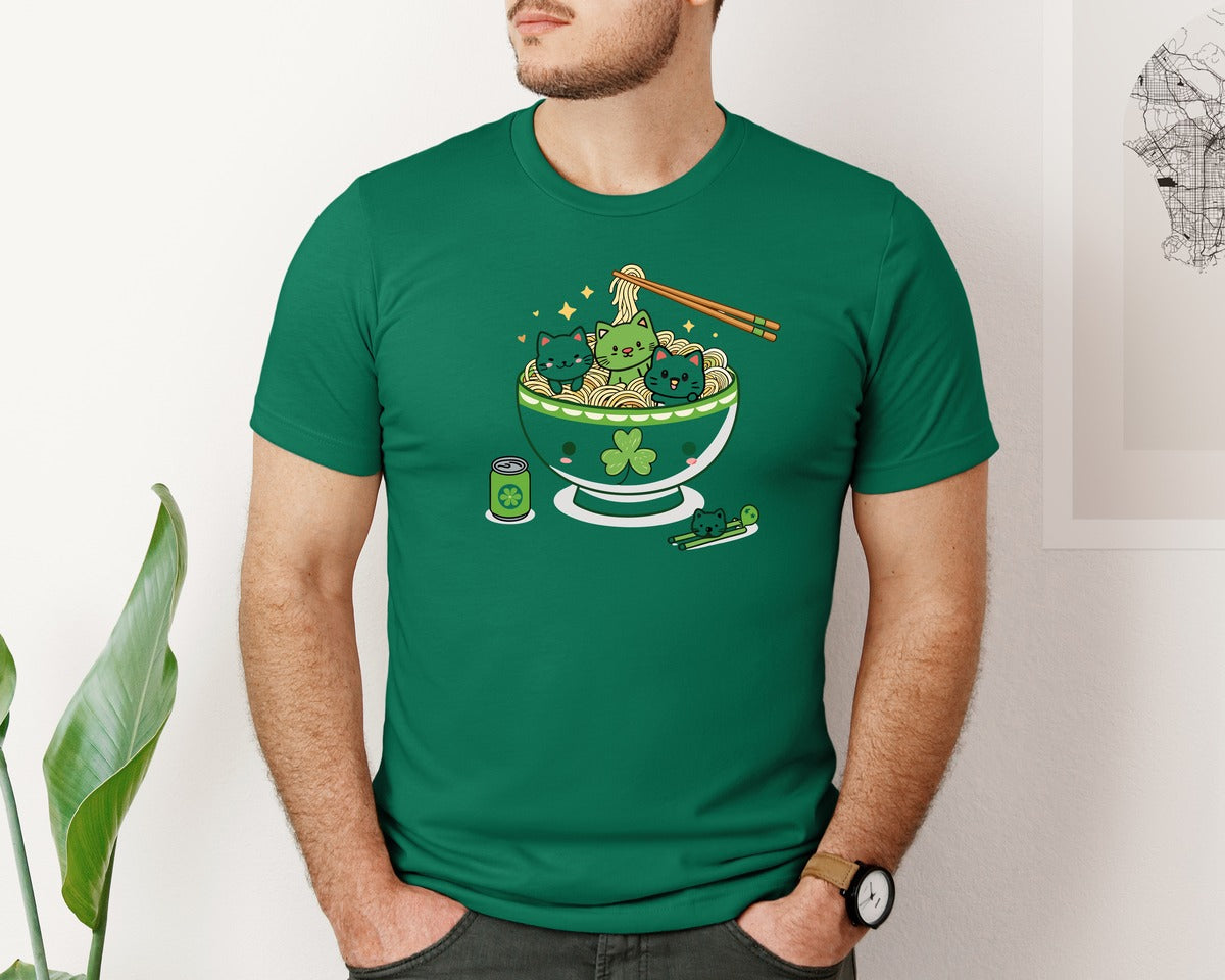 brand:Bella Canvas|color:Evergreen|Lucky Ramen Cat St Patricks Day Graphic T-Shirt
