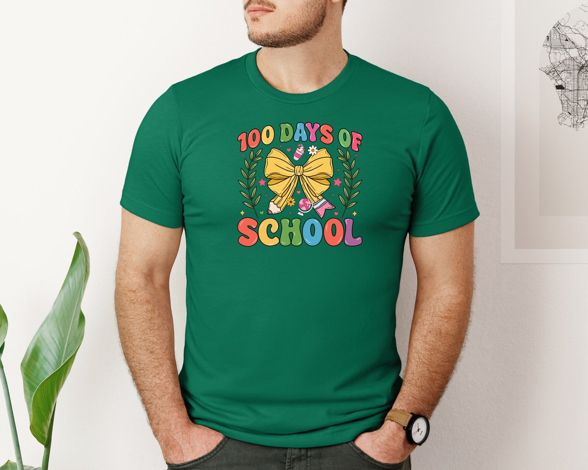 brand:Bella Canvas|color:Evergreen|100 Days Of School Coquette 38 Graphic T-Shirt
