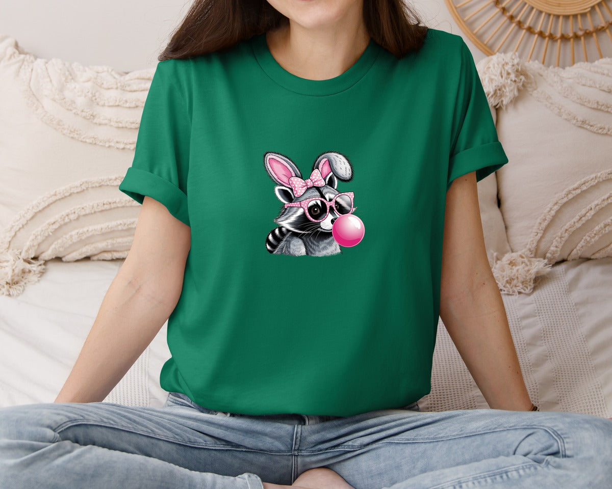 brand:Bella Canvas|color:Evergreen|Cute Raccoon With Glasses Bubble Gum 6 Graphic T-Shirt