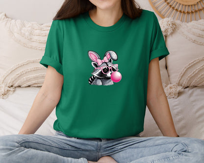 brand:Bella Canvas|color:Evergreen|Cute Raccoon With Glasses Bubble Gum 6 Graphic T-Shirt