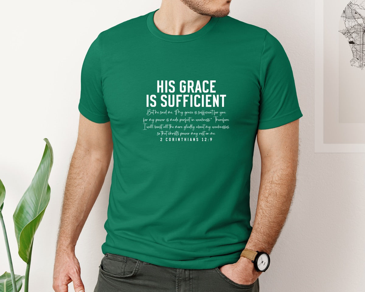 brand:Bella Canvas|color:Evergreen|His Grace Is Sufficient 2 Corinthian Graphic T-Shirt