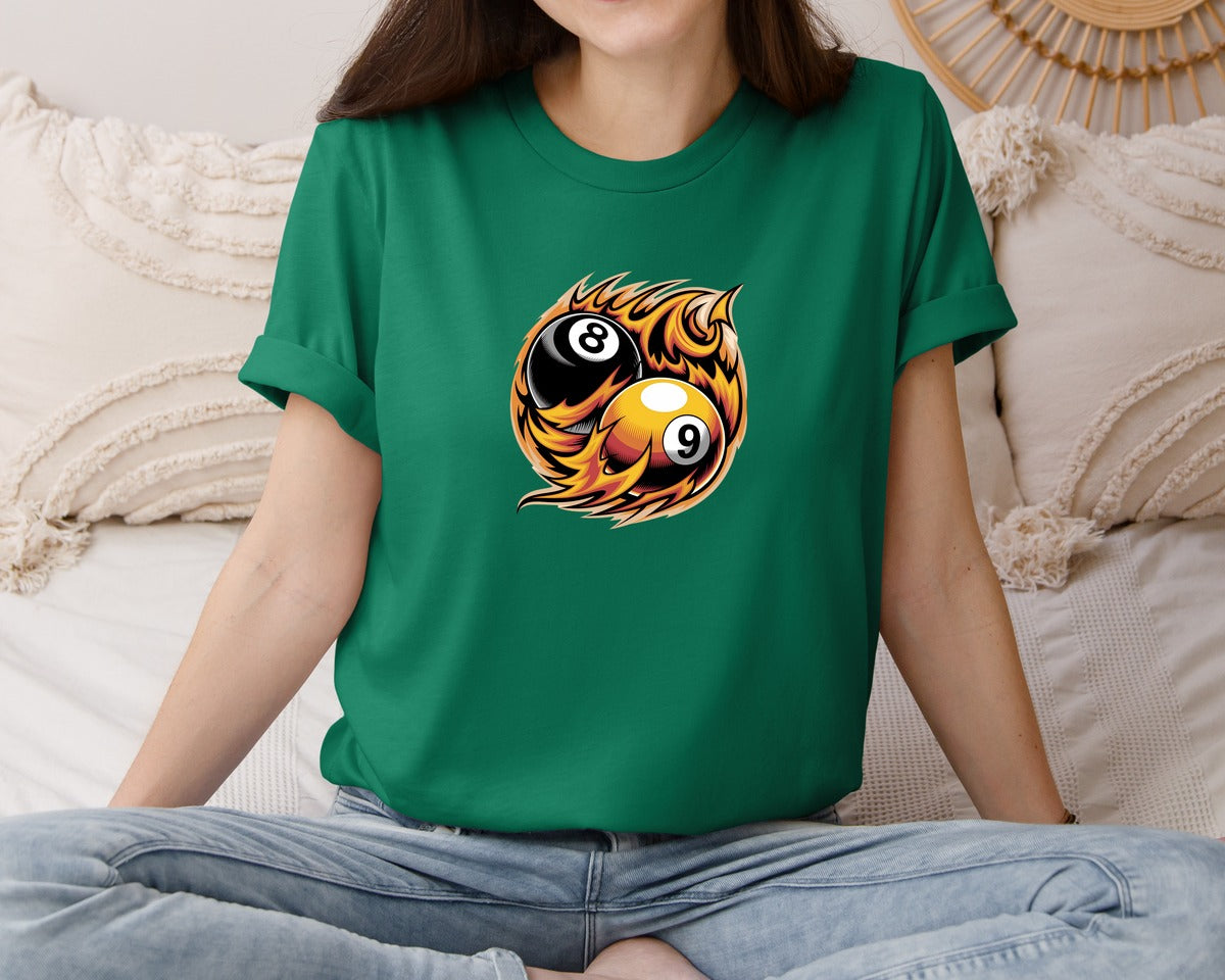 brand:Bella Canvas|color:Evergreen|Flaming 8 9 Ball Billiards Graphic T-Shirt