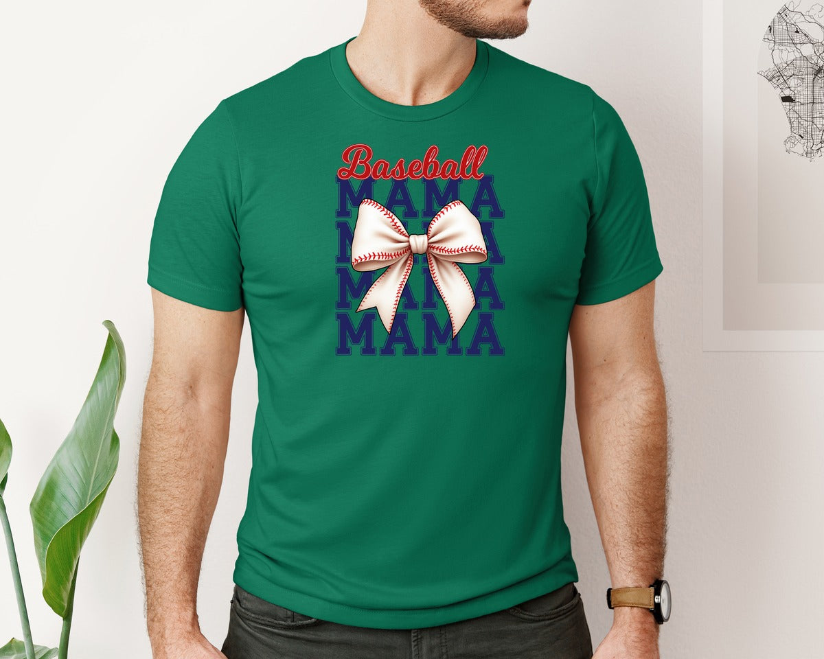 brand:Bella Canvas|color:Evergreen|Baseball Mama Mom Coquette Bow Game Graphic T-Shirt