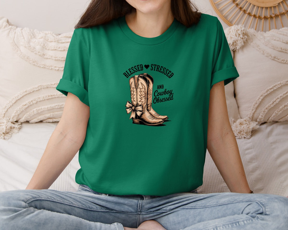 brand:Bella Canvas|color:Evergreen|Blessed Stressed Mom Western Mothers Day 2 Graphic T-Shirt