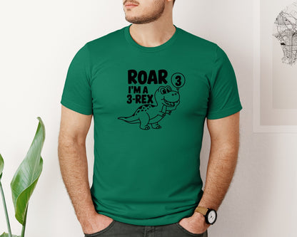 brand:Bella Canvas|color:Evergreen|3 Rex Dinosaur Birthday Graphic T-Shirt