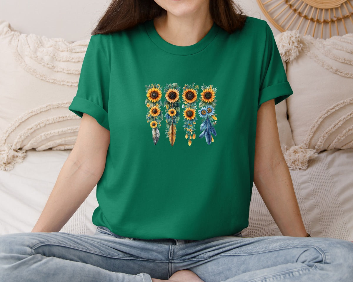 brand:Bella Canvas|color:Evergreen|Boho Wildflowers Feathers Flowers Graphic T-Shirt