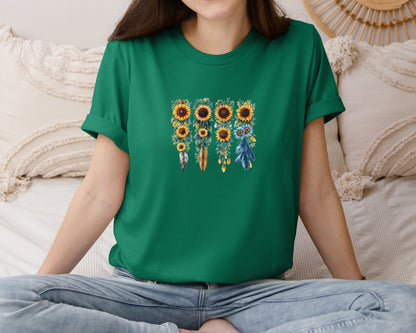 brand:Bella Canvas|color:Evergreen|Boho Wildflowers Feathers Flowers Graphic T-Shirt