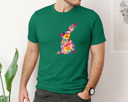 brand:Bella Canvas|color:Evergreen|Floral Bunny Easter Rabbit Graphic T-Shirt