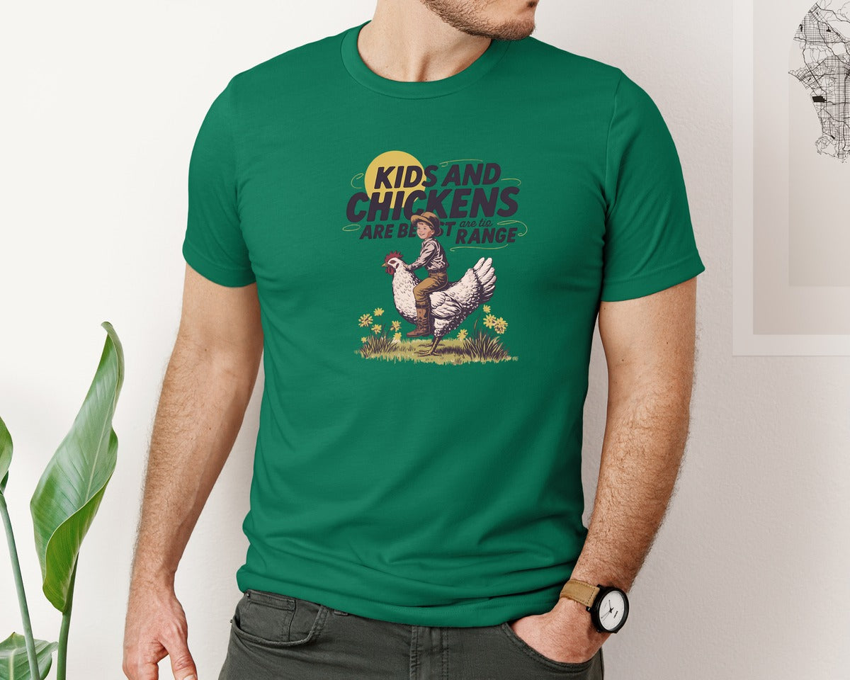 brand:Bella Canvas|color:Evergreen|Kids And Chickens Vintage Farm Graphic T-Shirt