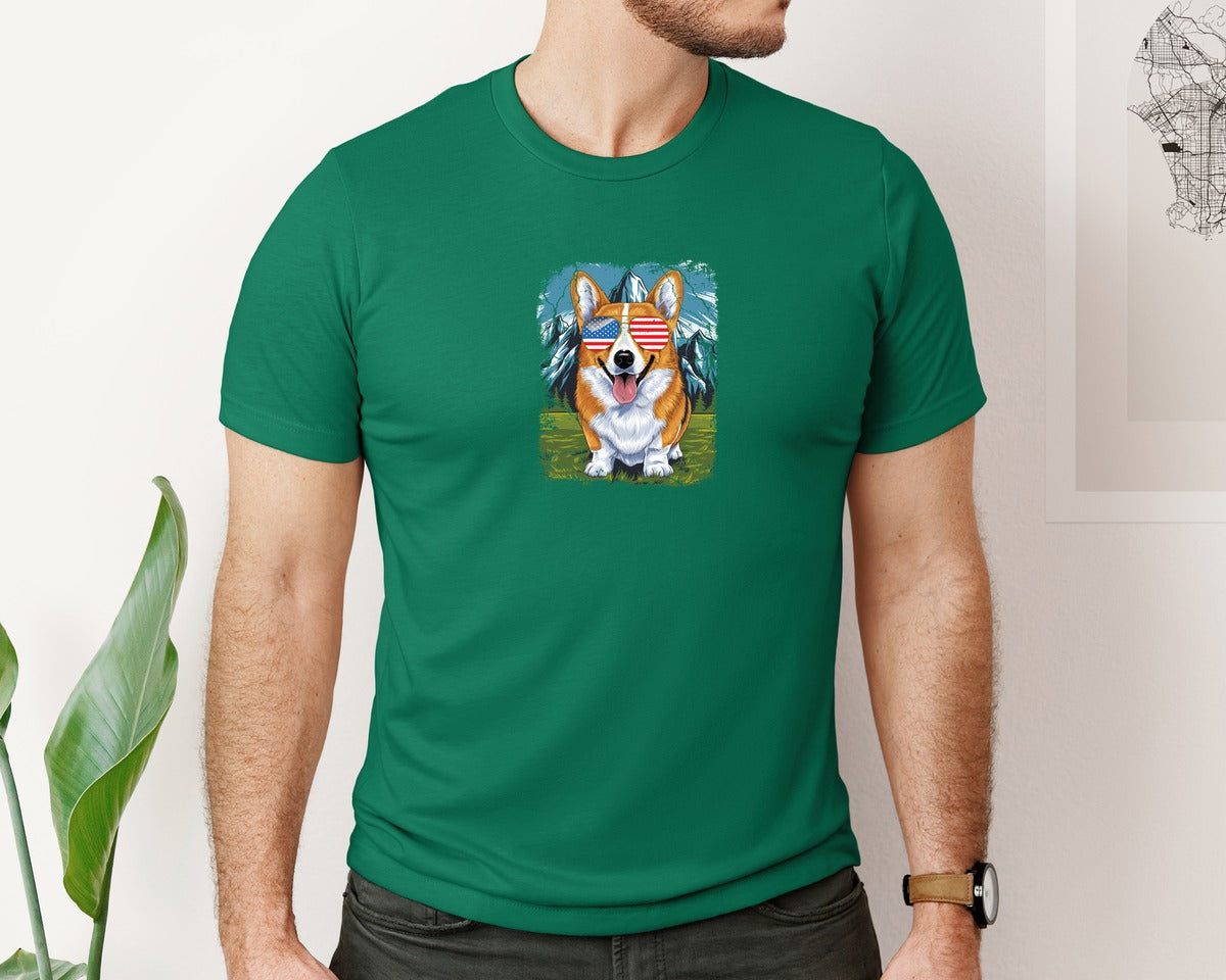 brand:Bella Canvas|color:Evergreen|Corgi American Flag 4Th Of July Graphic T-Shirt