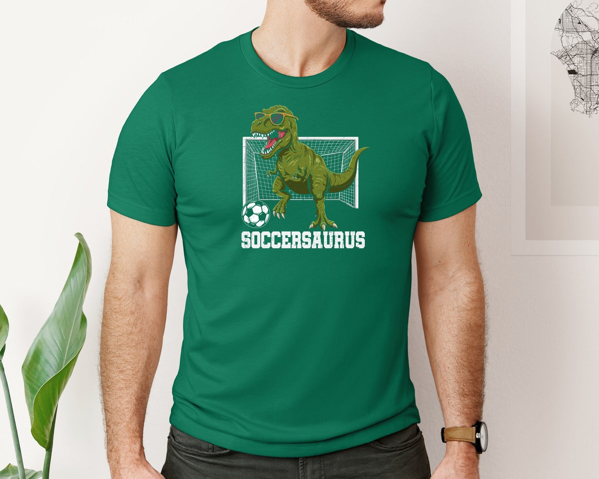 brand:Bella Canvas|color:Evergreen|T Rex Playing Soccer T Shirt Graphic T-Shirt