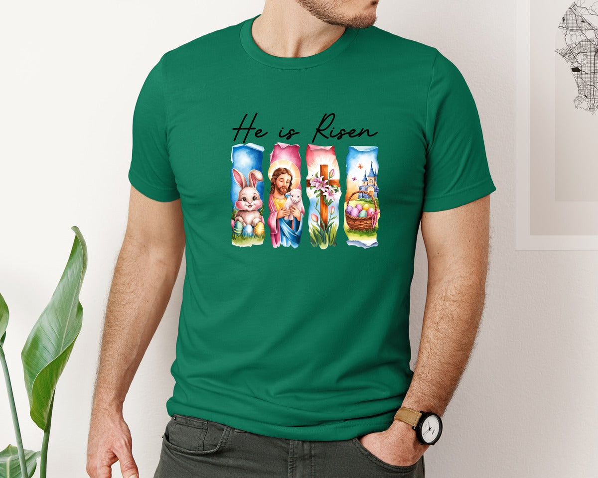 brand:Bella Canvas|color:Evergreen|He Is Risen Easter Jesus Christian Graphic T-Shirt