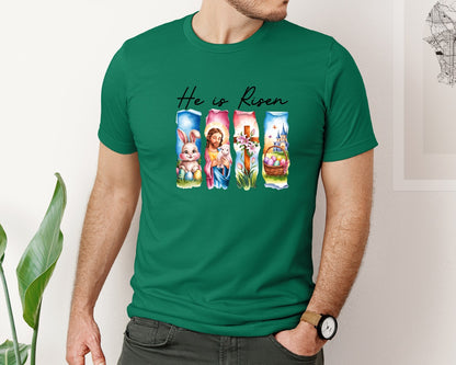 brand:Bella Canvas|color:Evergreen|He Is Risen Easter Jesus Christian Graphic T-Shirt