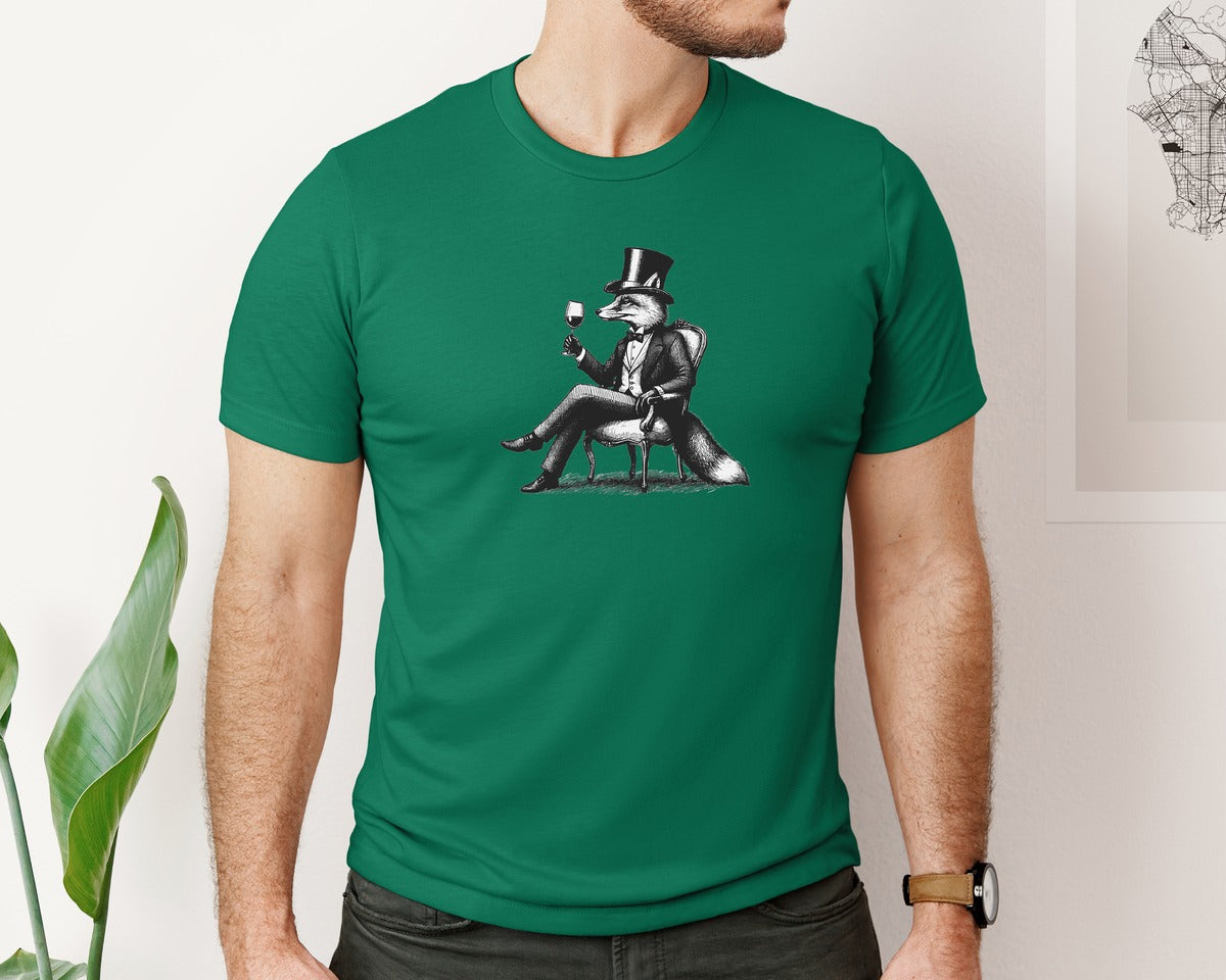 brand:Bella Canvas|color:Evergreen|Fox Drink Wine Retro Vintage Shirt Graphic T-Shirt