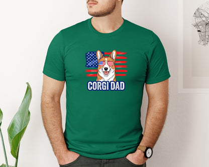 brand:Bella Canvas|color:Evergreen|Corgi Dad American Flag 4Th Of July Graphic T-Shirt