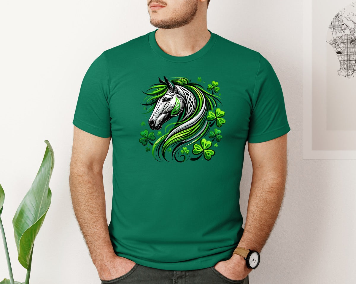 brand:Bella Canvas|color:Evergreen|St Patricks Day Horse Lucky Graphic T-Shirt