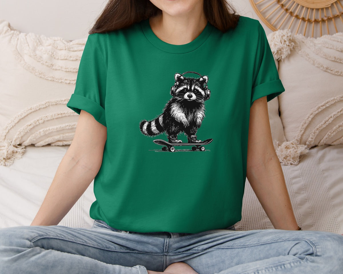 brand:Bella Canvas|color:Evergreen|Raccoon Playing Skateboard Shirt Graphic T-Shirt
