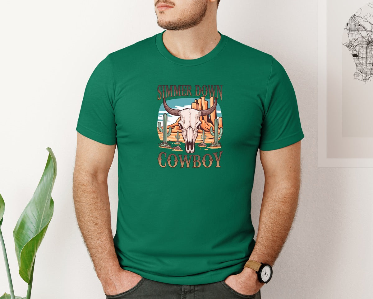 brand:Bella Canvas|color:Evergreen|Simmer Down Cowboy Western Skull 2 Graphic T-Shirt