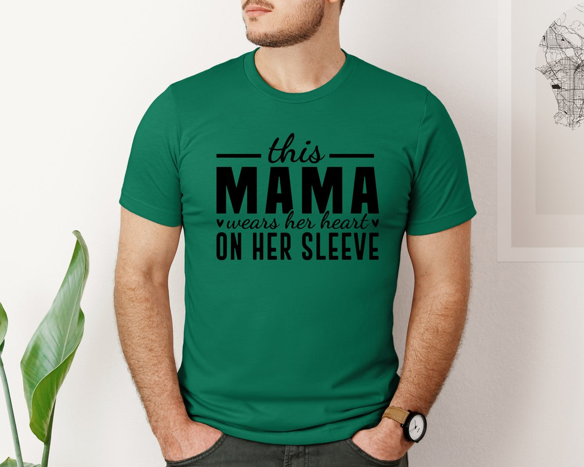 brand:Bella Canvas|color:Evergreen|This Mama Wears Her Heart On Her Sleeve 77 Graphic T-Shirt