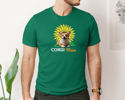 brand:Bella Canvas|color:Evergreen|Corgi Mom Sunflower Graphic T-Shirt
