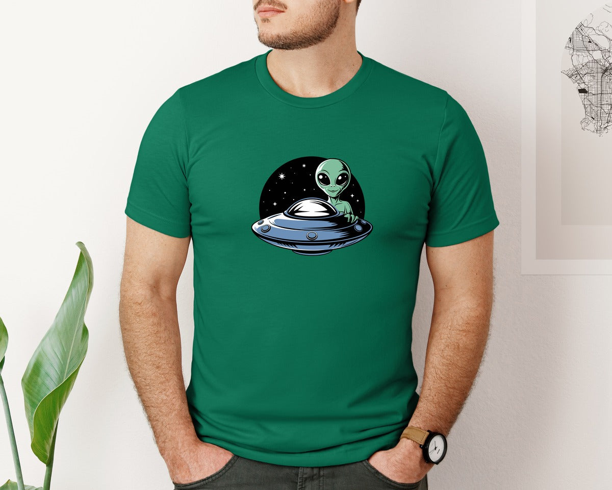brand:Bella Canvas|color:Evergreen|Retro Vintage Ufo Alien T Shirt Design 4 Graphic T-Shirt