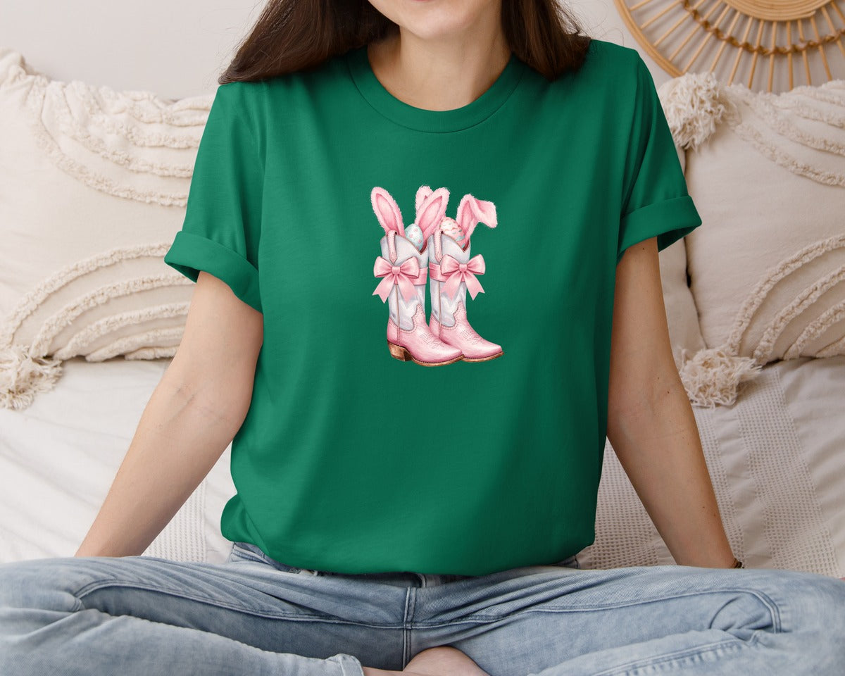 brand:Bella Canvas|color:Evergreen|Howdy Western Easter Bunny Cowboy Boots Graphic T-Shirt
