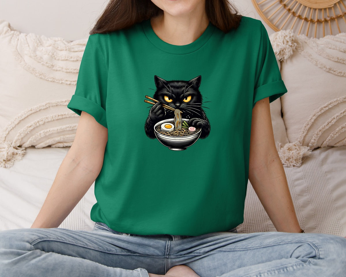 brand:Bella Canvas|color:Evergreen|Cute Black Cat Eating Ramen Noodle 3 Graphic T-Shirt