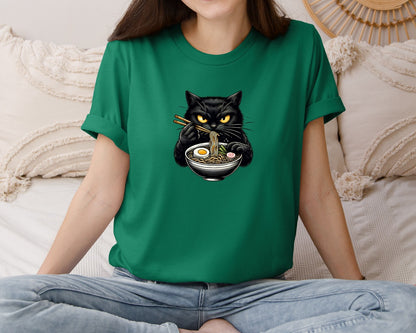brand:Bella Canvas|color:Evergreen|Cute Black Cat Eating Ramen Noodle 3 Graphic T-Shirt