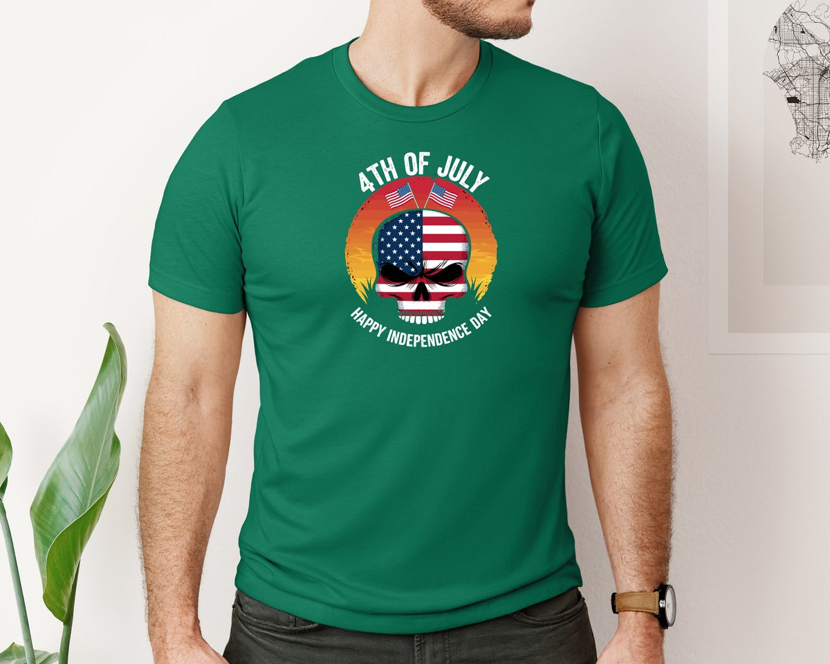 brand:Bella Canvas|color:Evergreen|4Th Of July American Skull Sunset Indepe Graphic T-Shirt