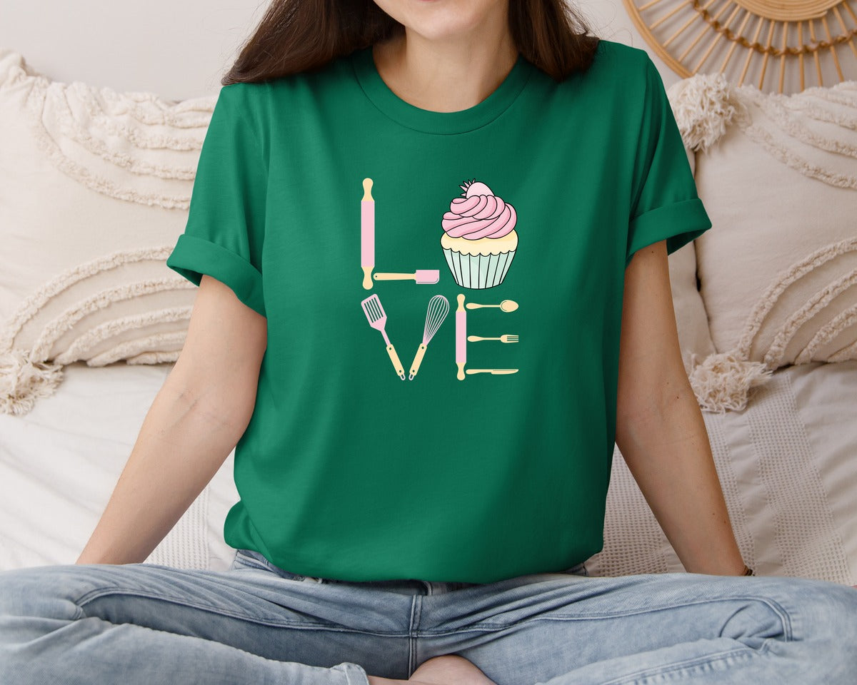 brand:Bella Canvas|color:Evergreen|Baking Love Cupcake Whisk Spatula Graphic T-Shirt