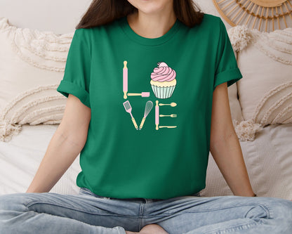 brand:Bella Canvas|color:Evergreen|Baking Love Cupcake Whisk Spatula Graphic T-Shirt
