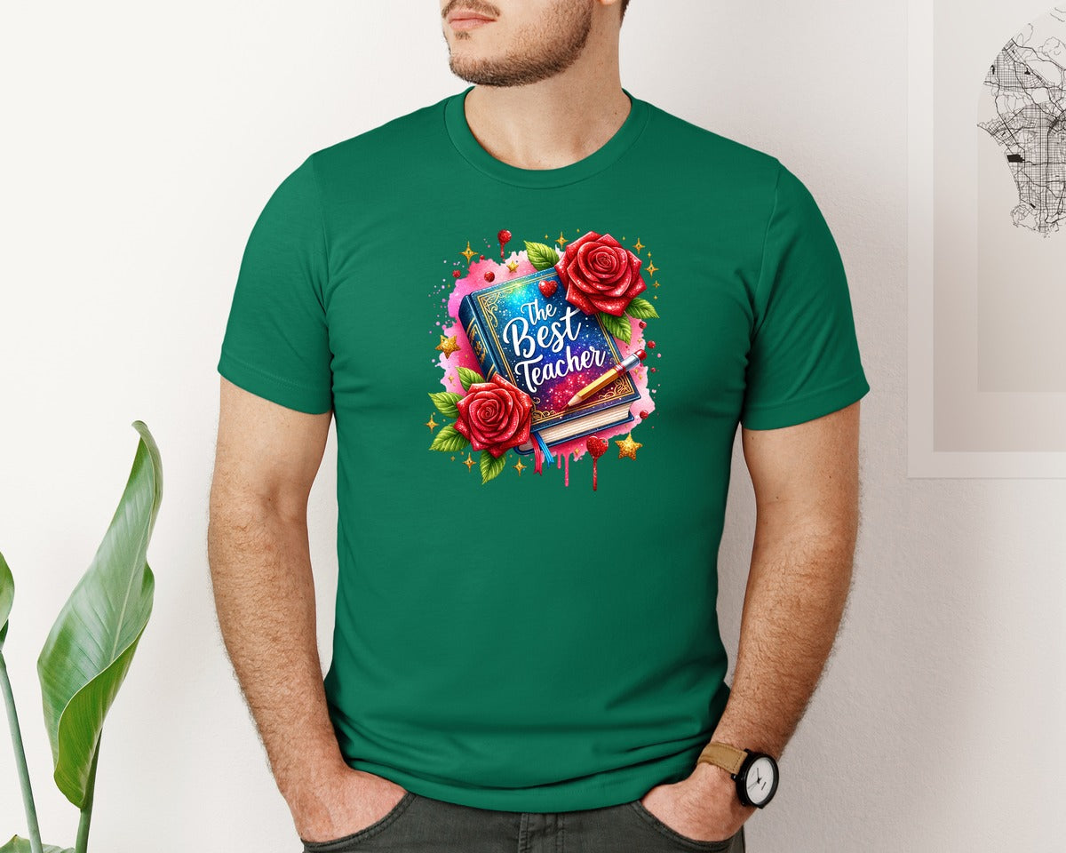 brand:Bella Canvas|color:Evergreen|The Best Teacher Book Flowers Graphic T-Shirt