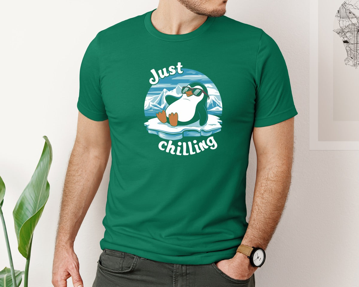brand:Bella Canvas|color:Evergreen|Just Chilling Penguin Pun Relaxed Vibes Graphic T-Shirt