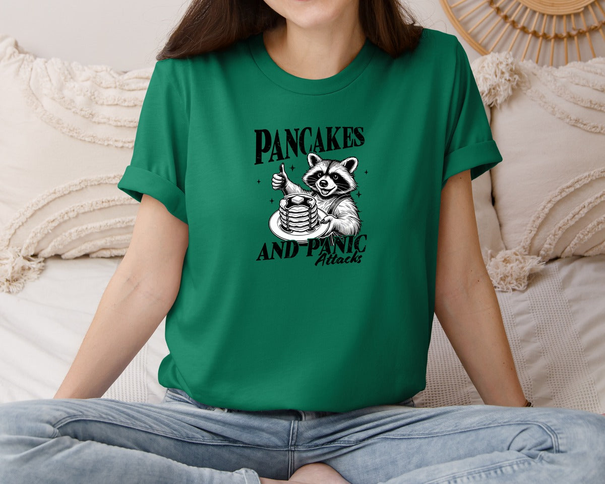 brand:Bella Canvas|color:Evergreen|Mental Health Raccoon Pancakes And Panic Graphic T-Shirt