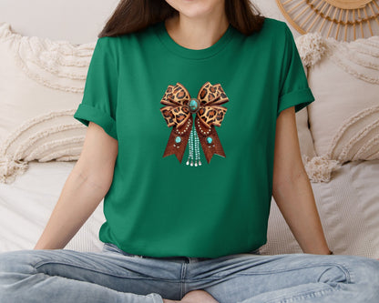 brand:Bella Canvas|color:Evergreen|Western Leopard Bow Bohemian Coquette Graphic T-Shirt