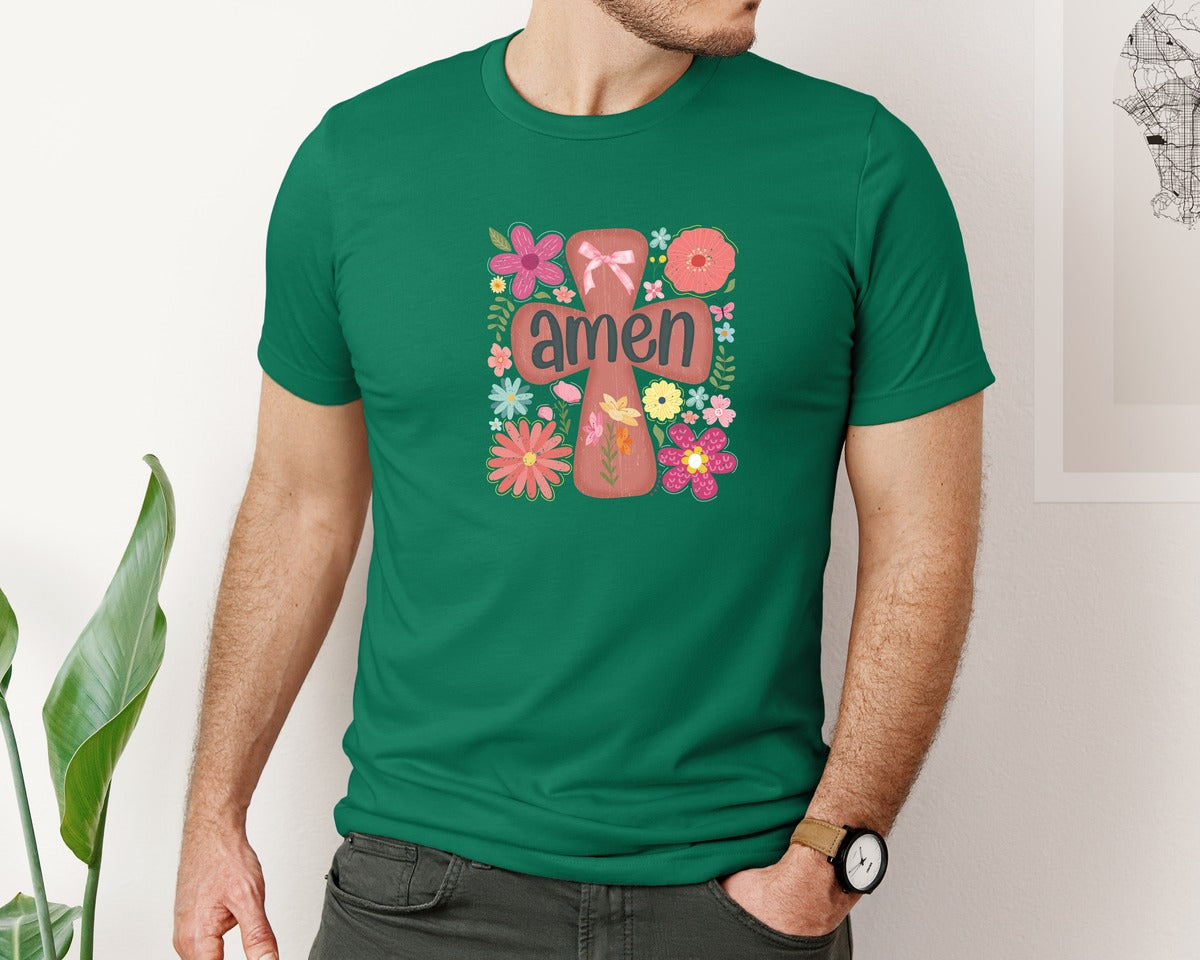 brand:Bella Canvas|color:Evergreen|Boho Floral Amen Christian Graphic T-Shirt
