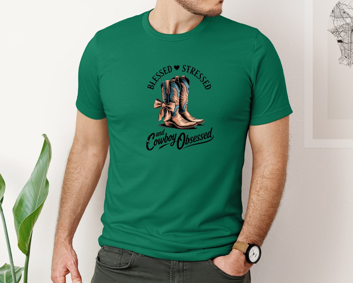 brand:Bella Canvas|color:Evergreen|Blessed Stressed Mom Western Mothers Day 3 Graphic T-Shirt